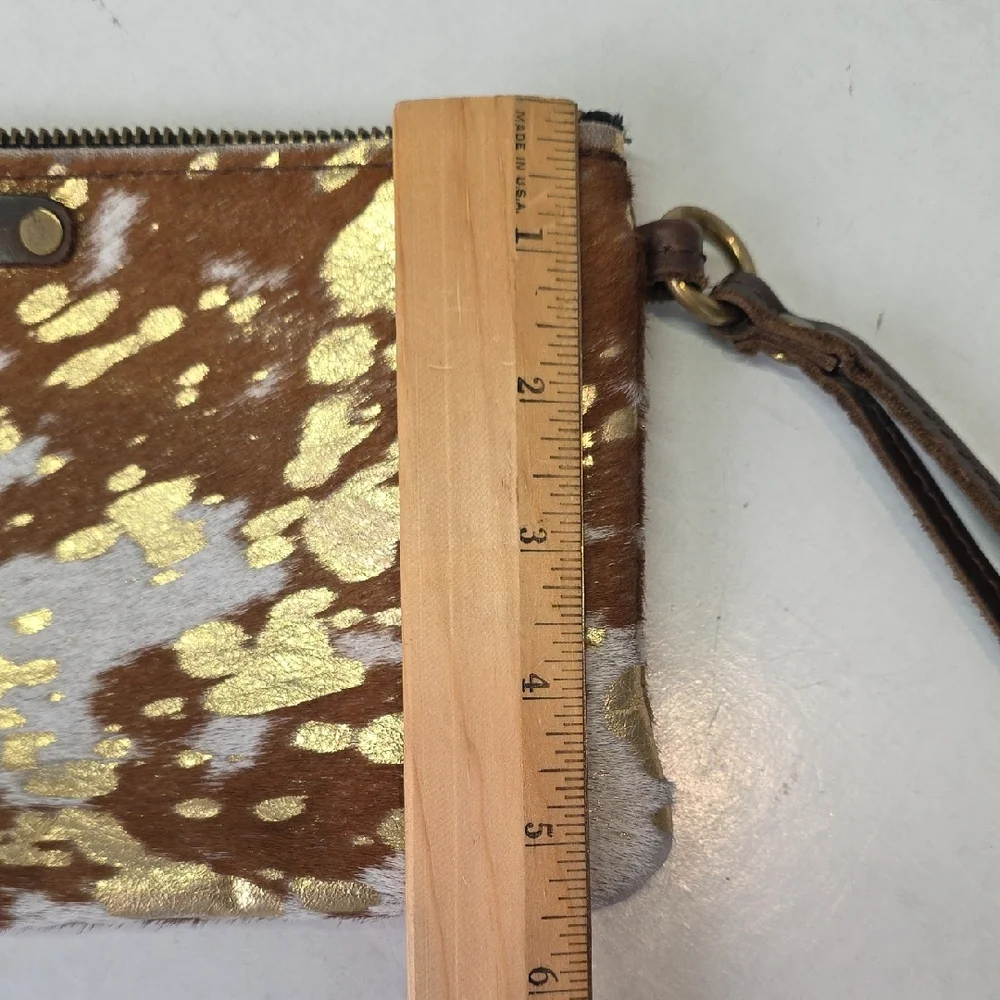 Wild Goose WG Gold and Brown Leather‎ Cowhide Hair Wristlet Clutch